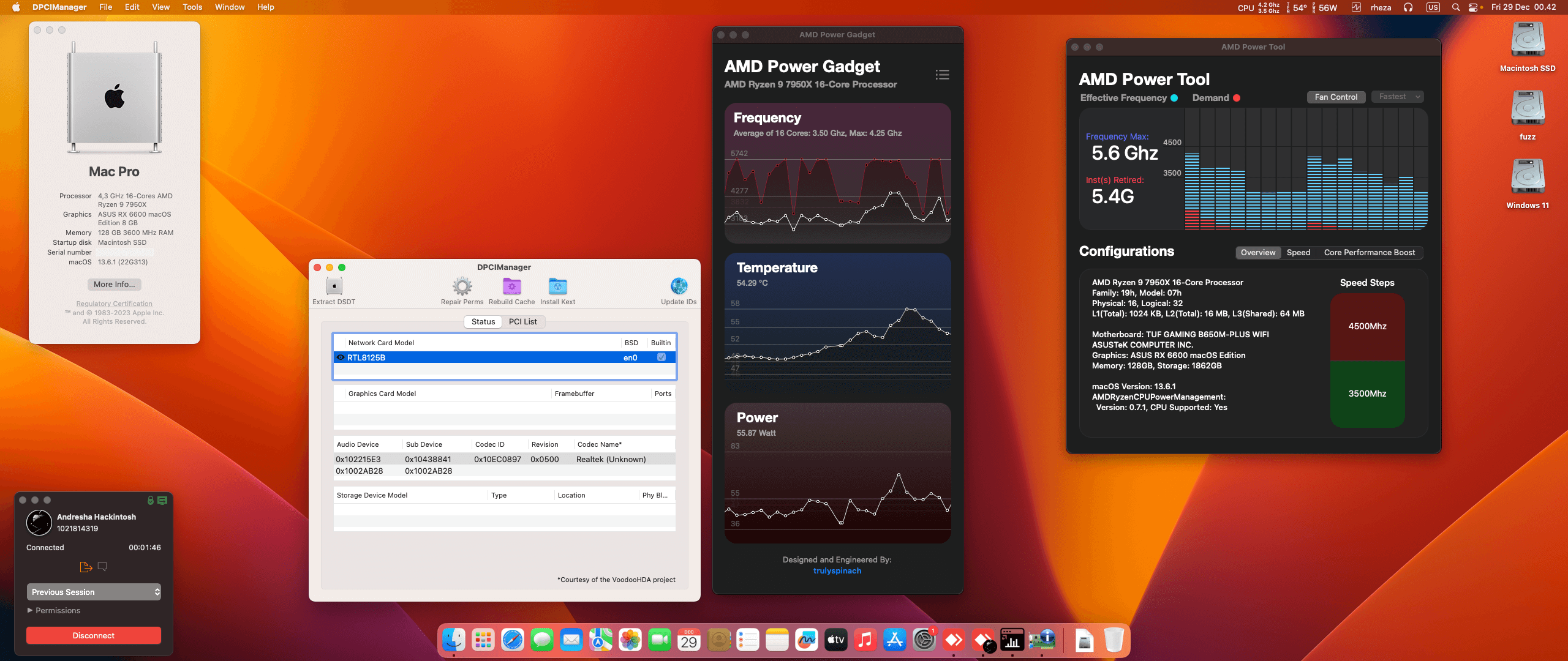 Success Hackintosh macOS Ventura 13.6.1 Build 22G313 in Asus TUF Gaming B650M-PLUS WIFI + AMD Ryzen 9 7950X + Asus RX 6600